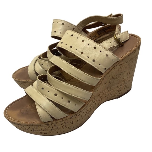 Born Leather Strappy Leather Cork Cream Tan Wedge Sandals Summer Vacation sz 11 - Picture 1 of 13